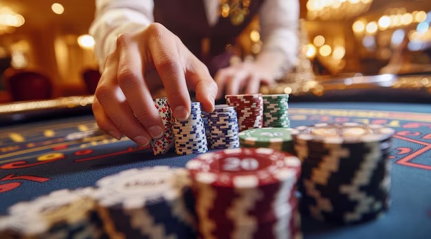 Live dealer at a Quickspin blackjack table, professional studio setting with HD camera and chip tray